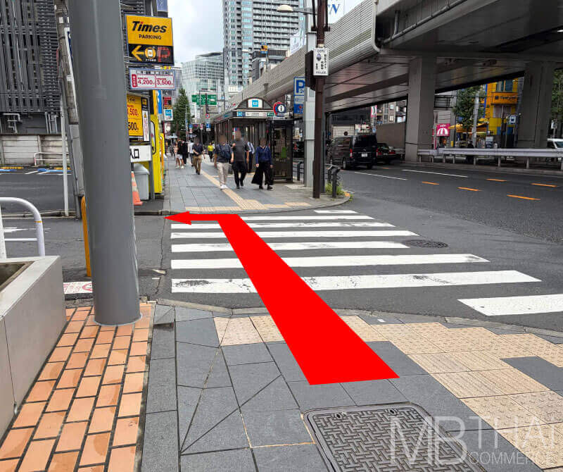 Cross the pedestrian crossing, turn left, and continue.